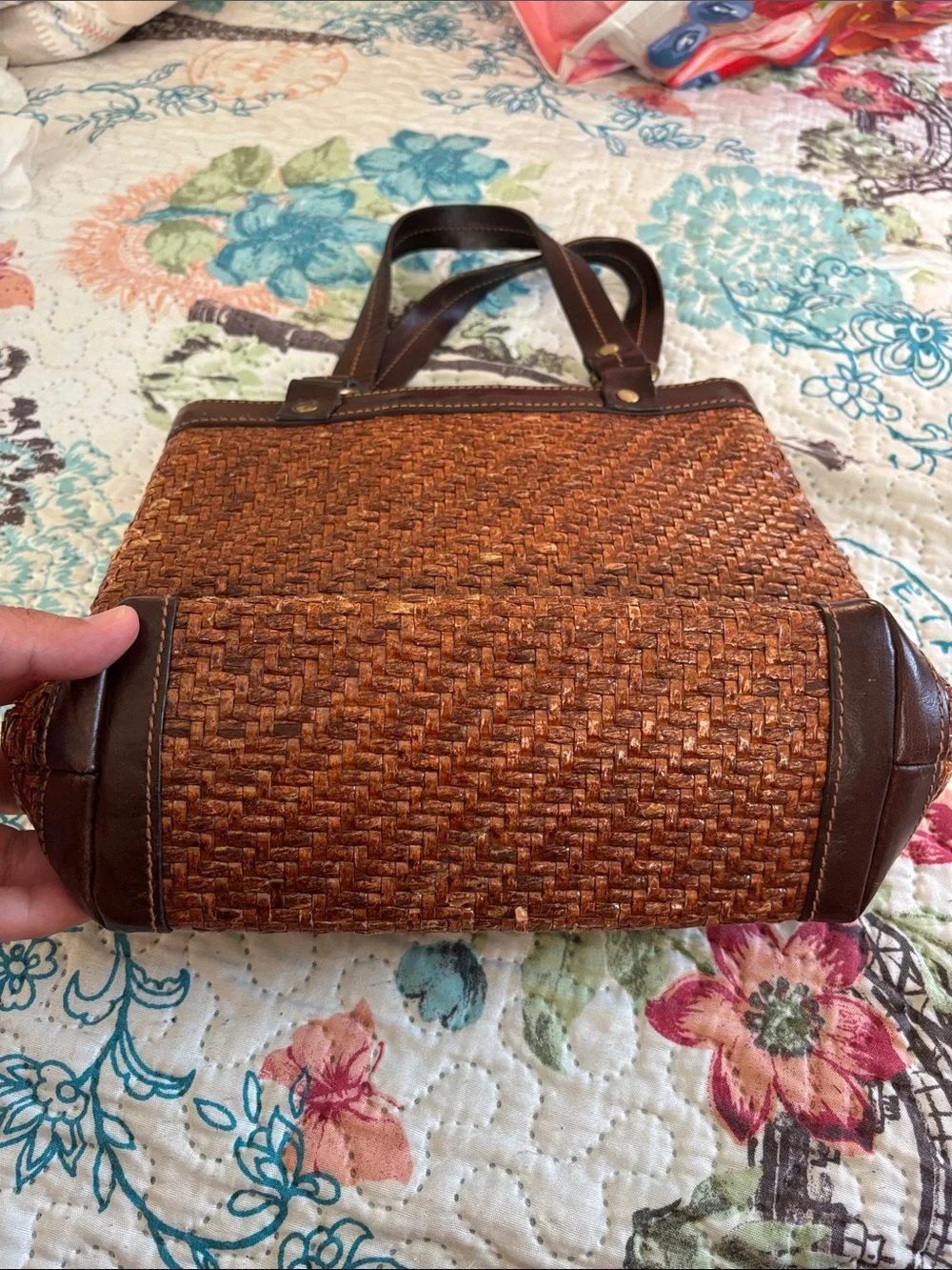 Fossil Brown Woven Tote with Dark Leather Trim